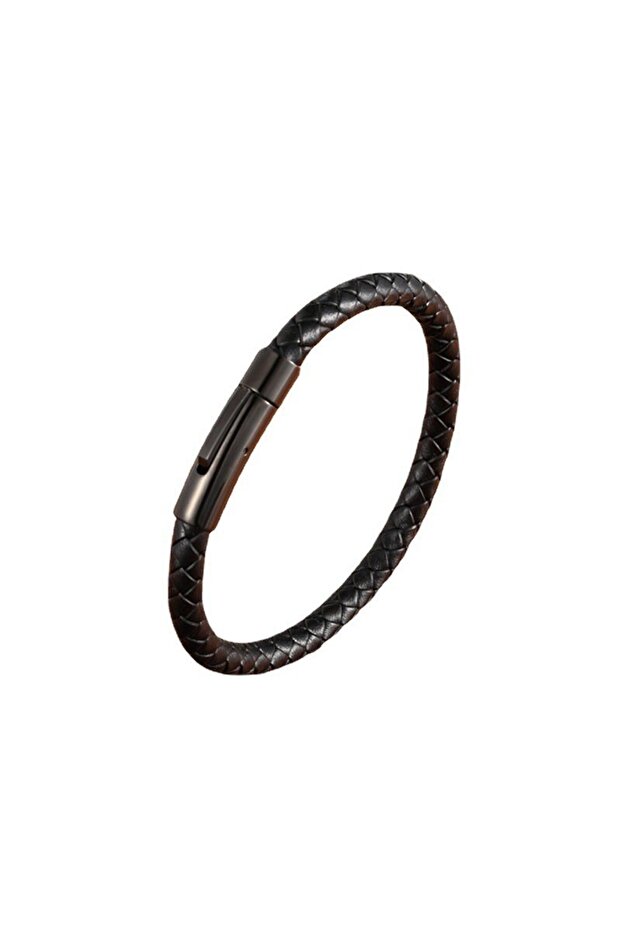 23cm Black-Black Quality Leather Bracelet for Men Women Stainless Steel Accessories Braid Style Bang