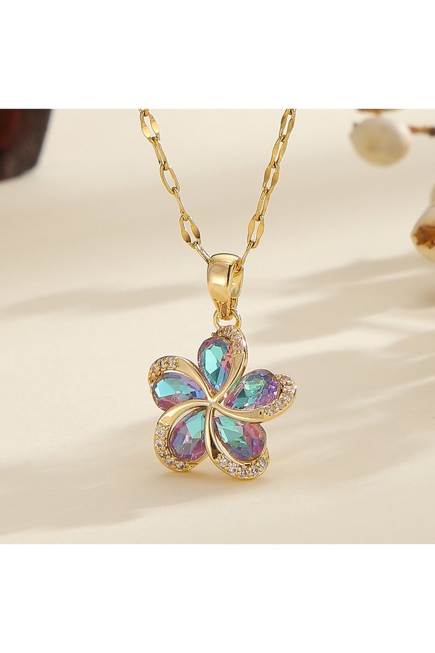 45cm Rust Red DIEYURO 316L Stainless Steel Green Zircon Flowers Pendant Necklace For Women New Luxur