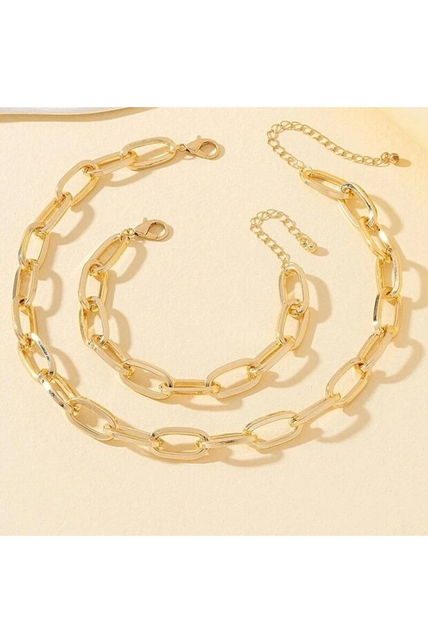 sku2 2 PCS Set Gold Color Link Chain Necklace Bracelet Set Punk Bracelet Big Link Chain Dubai Africa