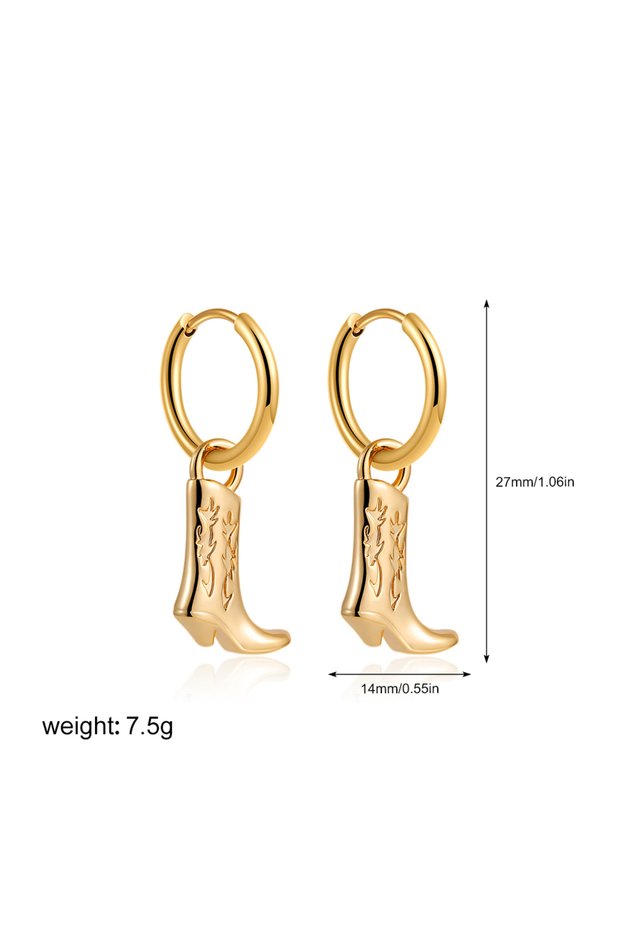 T182 Vintage Stainless Steel Cowboy Boot Pendant Shoe Shape Dangle Earrings for Women Gold Plated Ge