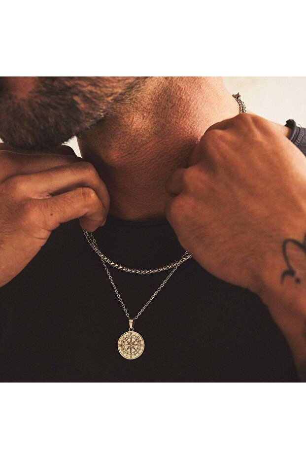 Silver Wheat Vnox Compass Necklaces for Men, Layering Stacked Cuban Figaro Chain Necklaces, Casual S