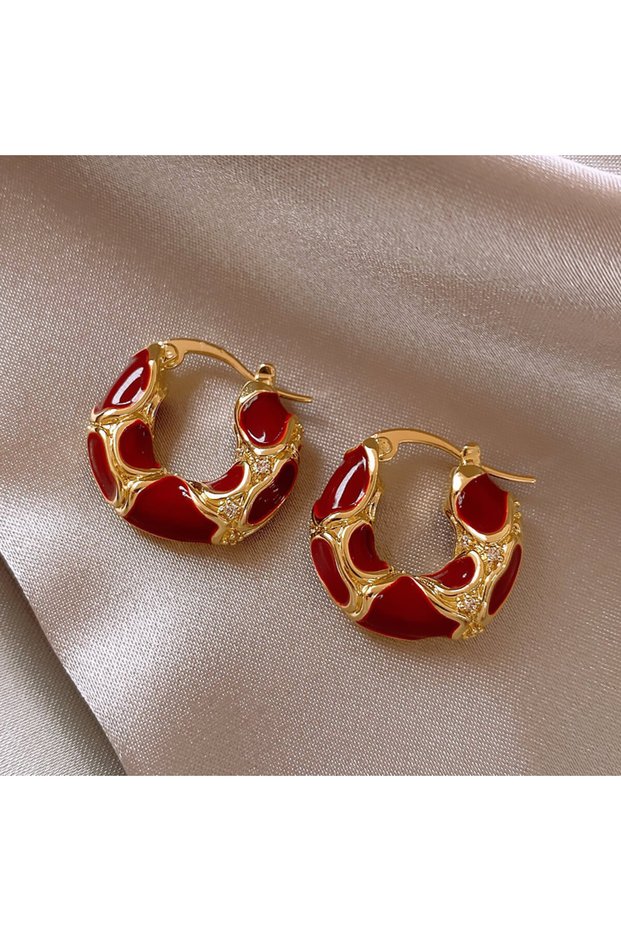 Red New Trendy Enamel Color Metal Texture Small Hoop Earrings for Women Fashion Creative Gold Color
