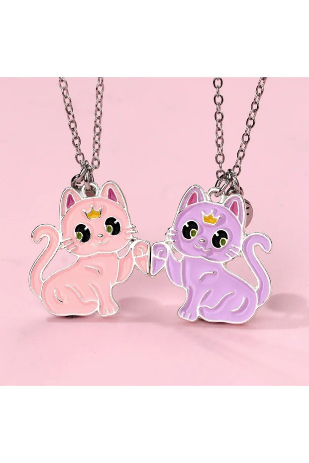 pink purple A Girl 2Pcs/set Cartoon Cute Animal Alloy Cat Best Friend Necklace for Girls Fashion Fri