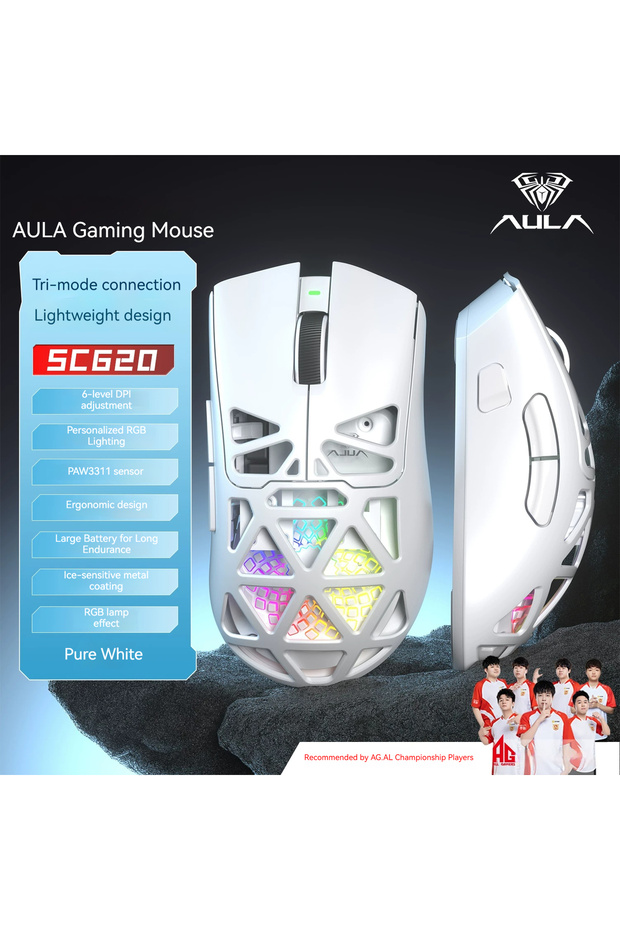 White Aula SC620 Gaming Mouse Wireless Hollow-out PAW3311 Tri-mode Bluetooth Adjustable DPI Mouse f