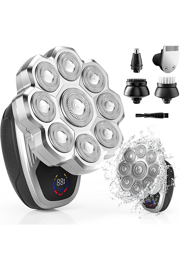 Silver Head Shavers for Bald Men Electric Razor for Men 5 in 1 Electric Razor 9D Floating Head Shave