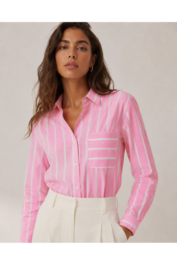 Women's Pink and White Striped Long Sleeve Shirt with Pockets - Nuevo