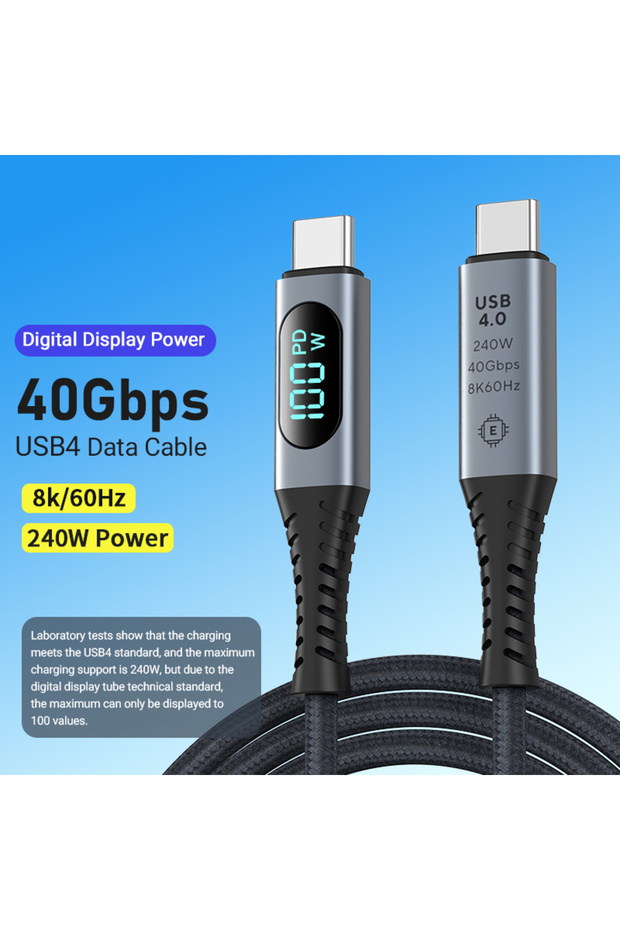 1m Silver USB4 USB C to USB C Cable Support 8K 60Hz HD PD240W Fast Charging 40Gbps Data Transfer 3.3