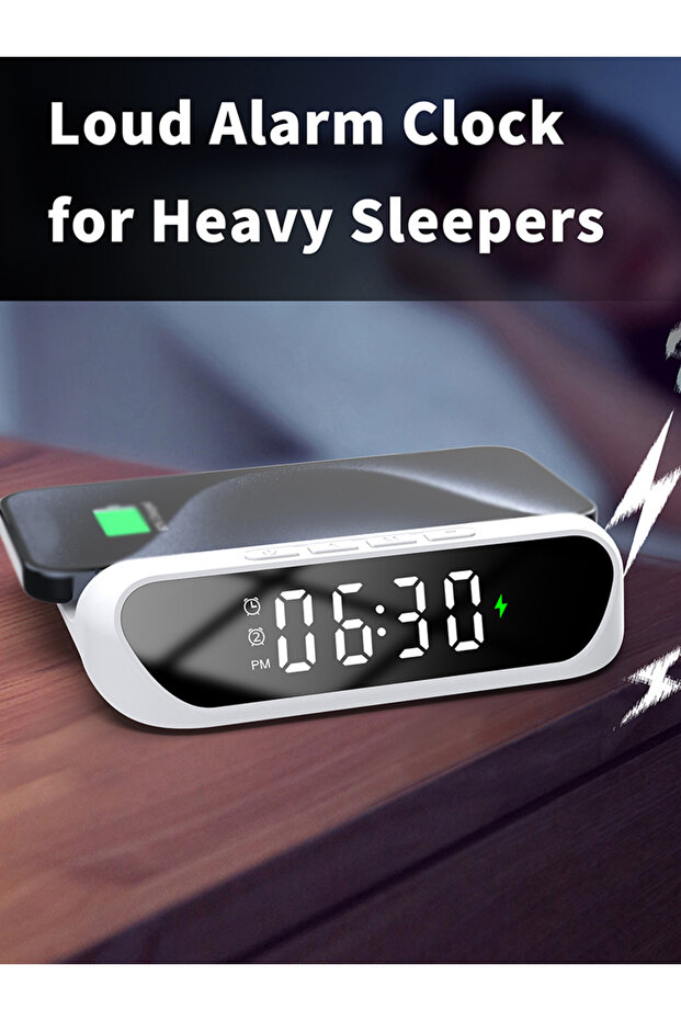 WHITE Multi-Functional Charger, Desktop Clock Mobile Phone Wireless Charger, Digital Display 2-in-1