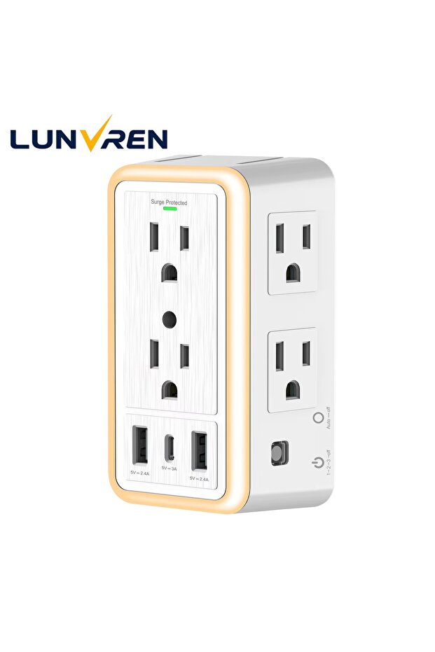 USB Wall Charger Surge Protector 6 Outlet Extender with 3 USB Charging Ports (1 USB C Outlet)and Nig