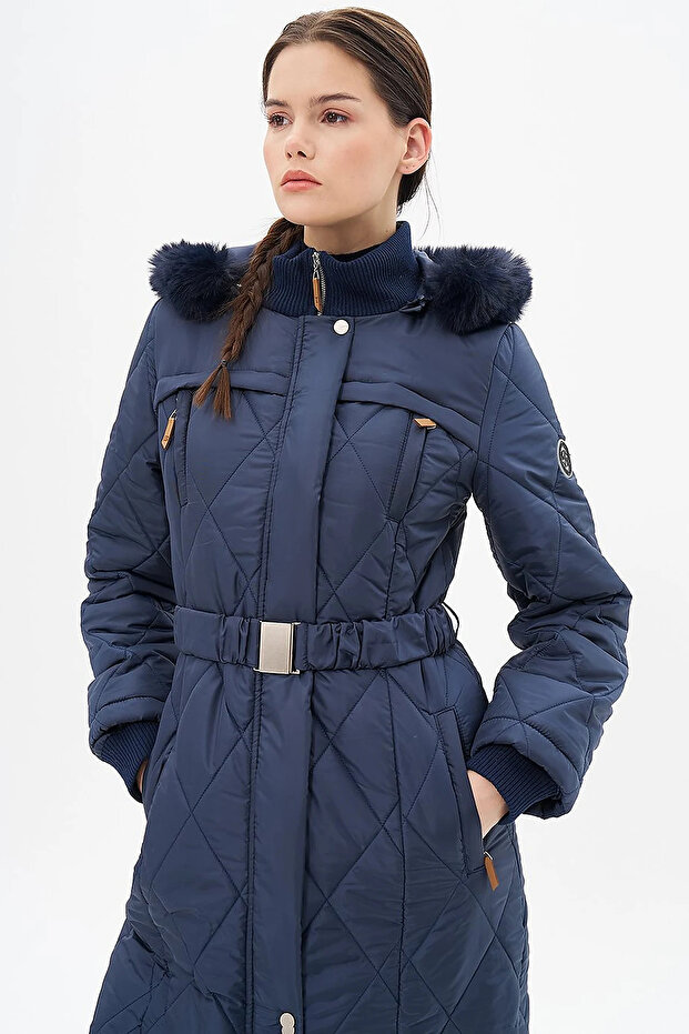 Stand Collar Zipper Detailed Quilted Anorak Coat Dark Navy Blue