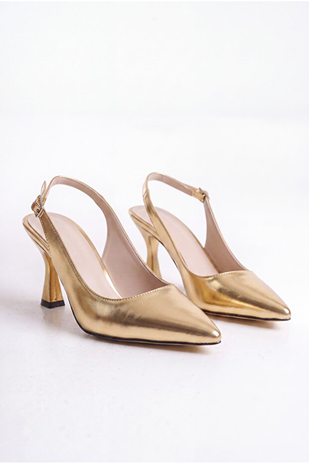 Women's Pointed Toe Thin Heeled Metallic Gold Ankle Strap Shoes