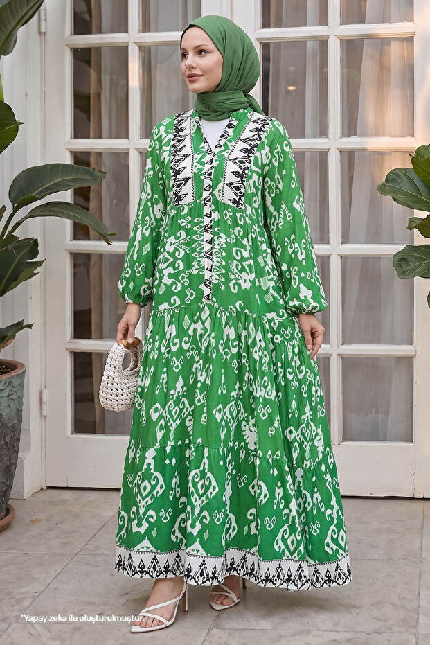 Buttoned Loose Print Green Viscose Dress