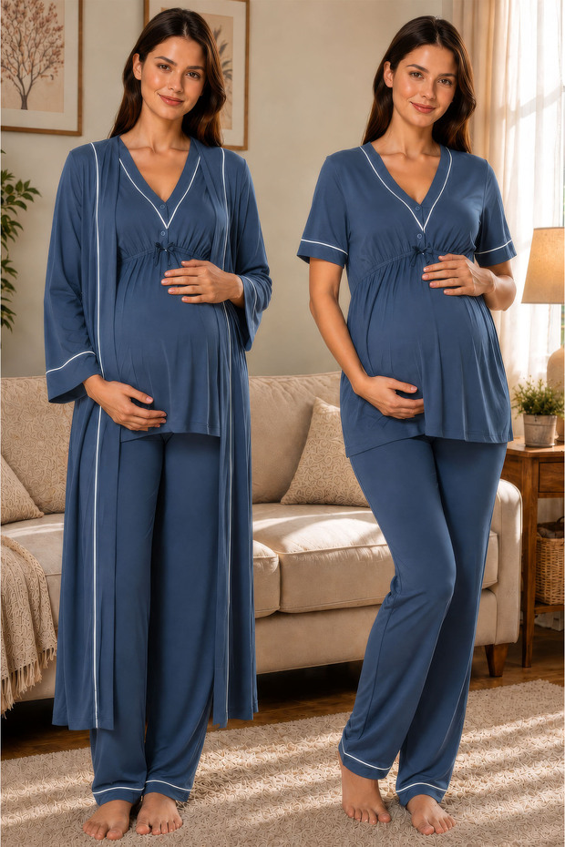 Cotton Pajama Set for Pregnant and Postpartum Women with Adjustable Waist Elastic Effortt - Indigo