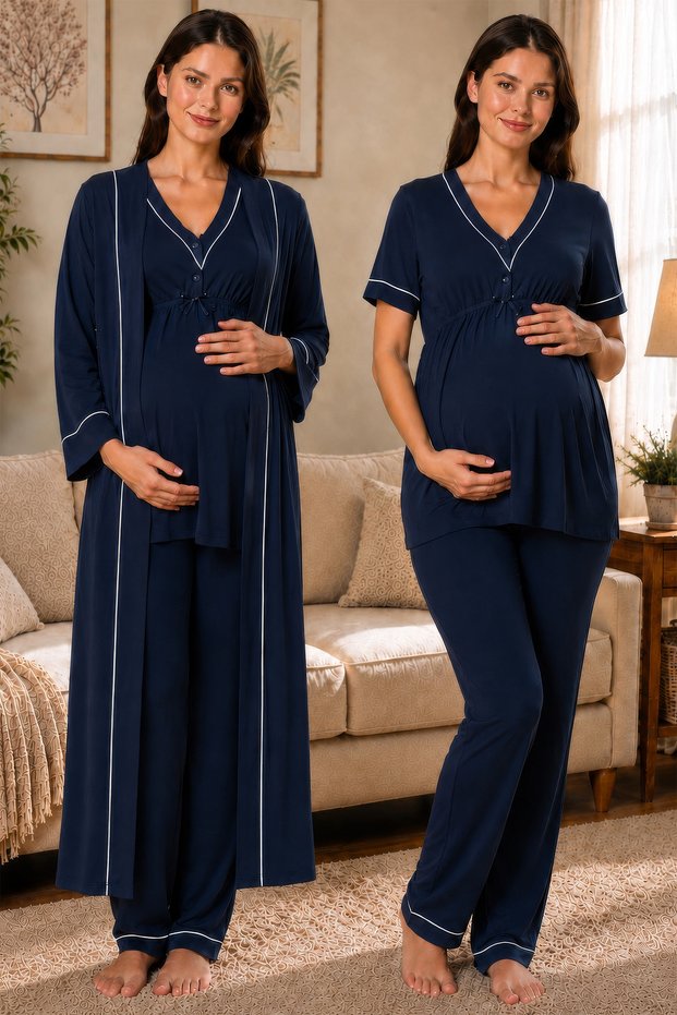 Cotton Dressing Gown Maternity Nursing Pajama Set with Adjustable Waist Elastic Effortt - Navy Blue