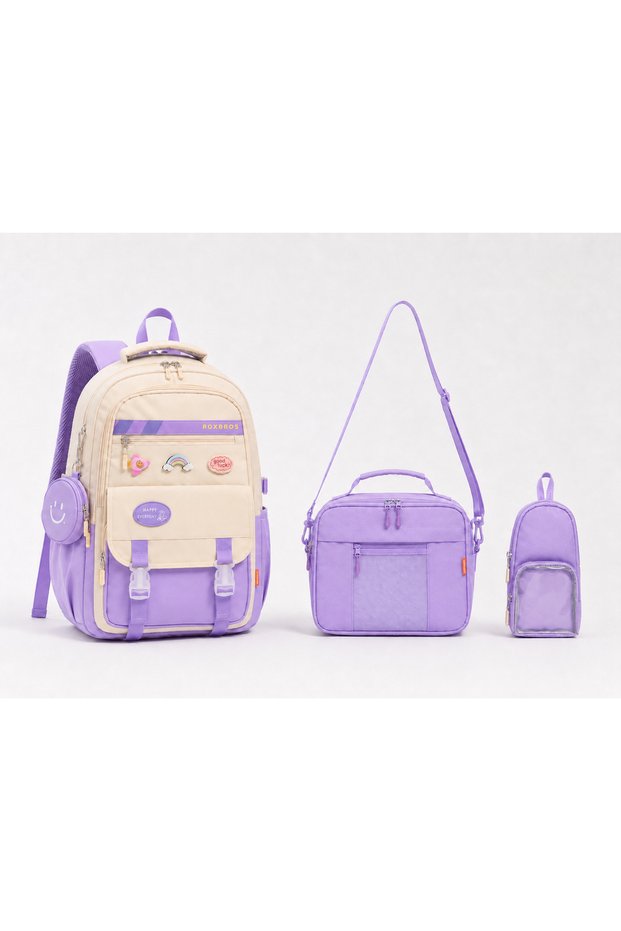 3-Piece Girls' School Bag with Korean Style Accessories & Primary School Backpack with Lunch and Pen Holder