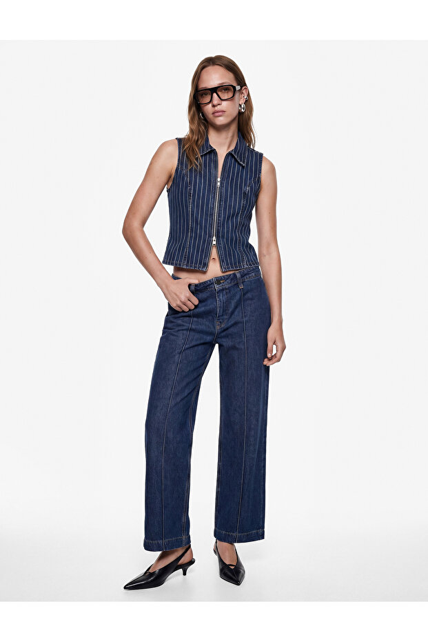 Regular Waist Pocketed Buttoned Wide Leg Ribbed Denim Trousers - Culotte Jeans