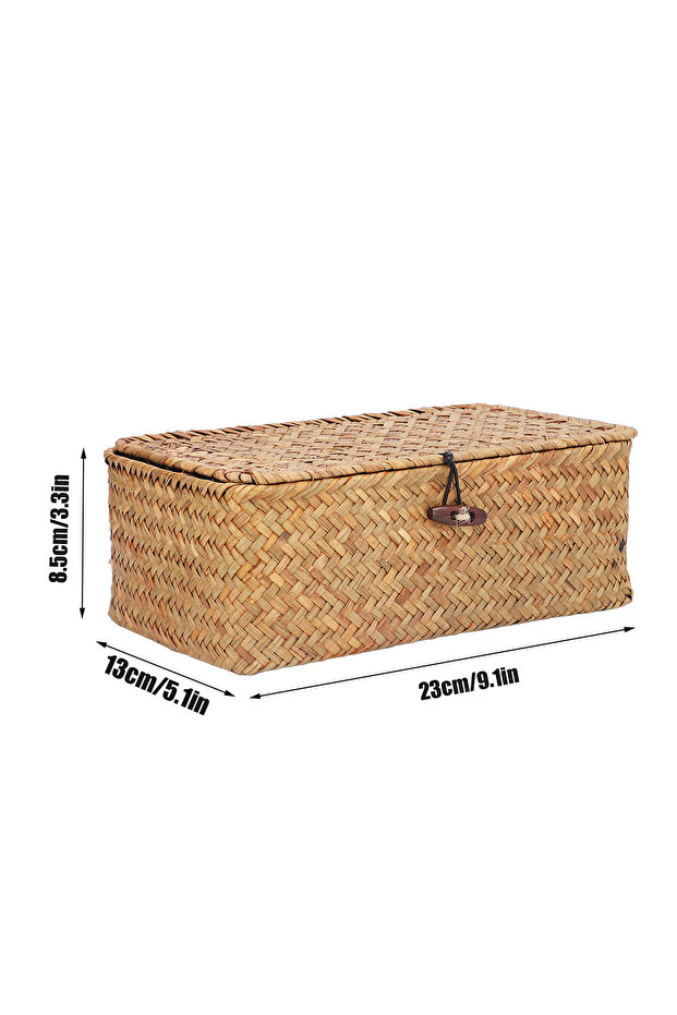 S Natural Seagrass Storage Basket Woven Rectangular Shelf Basket Bins with Lids Desktop Organizer