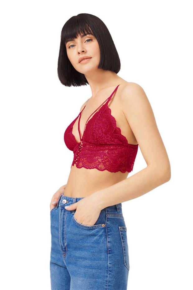 Burgundy Lace Thin Strap Covered Triangle Women's Bralette Bustier