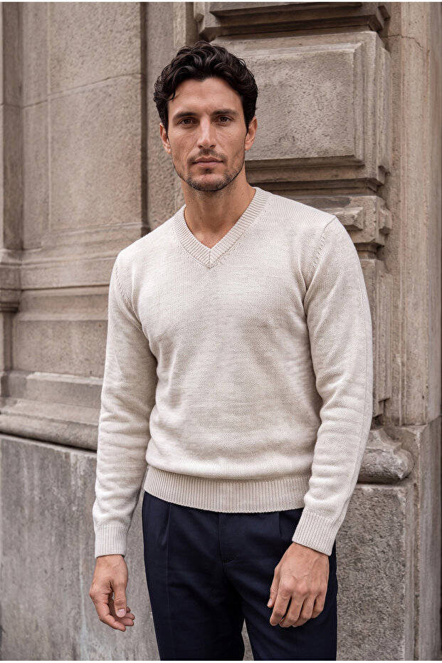 Parma 100% Acrylic V-Neck Men's Knit Sweater - Stone