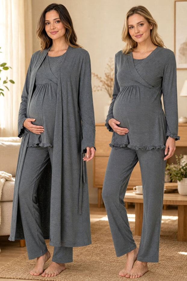 Maternity Pajama Set with Hidden Nursing Feature and Cotton Robe Effortt - Smoked