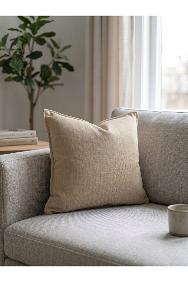 Single Linen Throw Pillow Cover - Decorative Pillowcase - Linen Texture - White Light Gray Cappuccino Tile Cream Stone Beige - Square Rectangular Cover