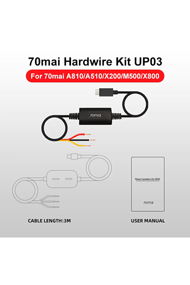 black UP03 Hardwire Kit Parking Surveillance Cable ONLY for 70mai Dash Cam M500/Omni X200/X800/A810/