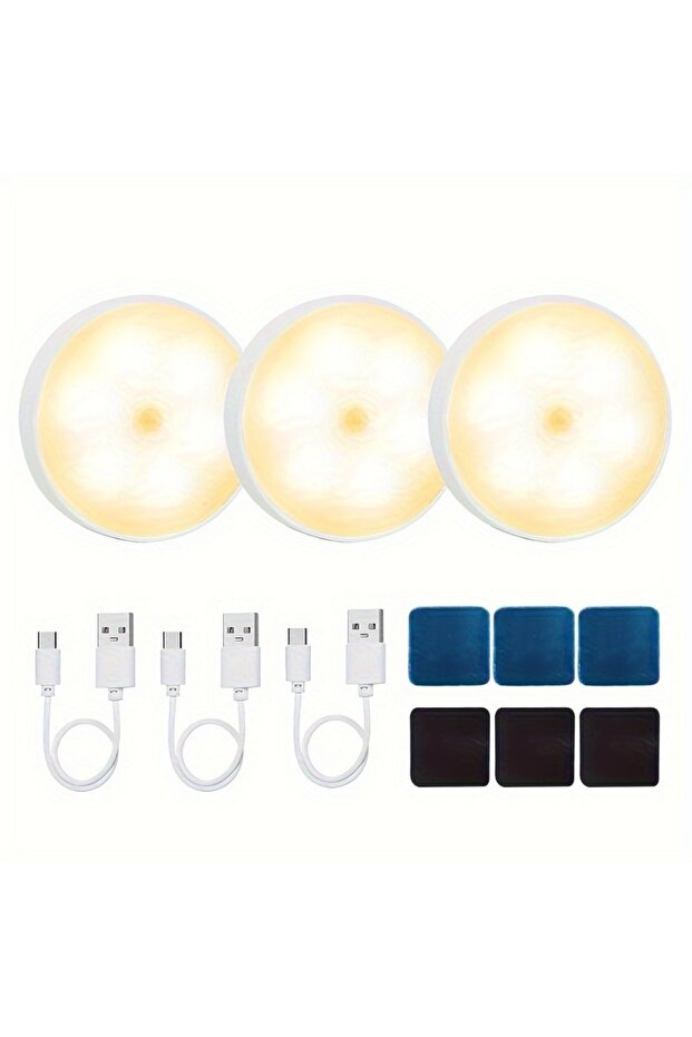 Warm 3set Led Closet Light Motion Sensor 8 LED USB Rechargeable Round Under Cabinet Light Two Colors