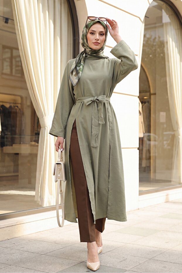 Hakim Collar Deep Slit Belted Long Modal Tunic - Green