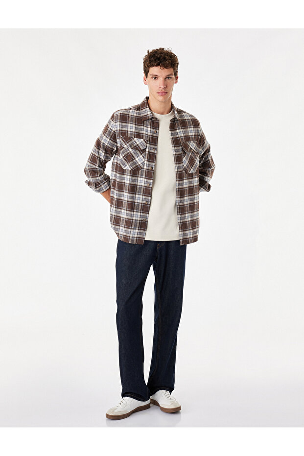 Regular Fit Classic Collar Long Sleeve Plaid Lumberjack Shirt with Flap Pockets