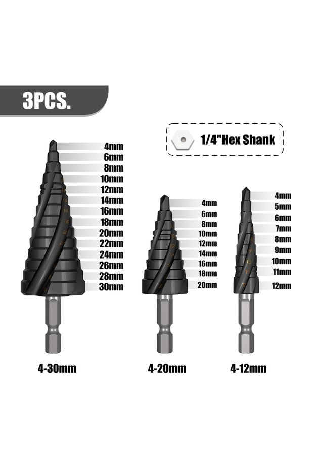 3pcs M35 Cobalt 4-Flute Step Drill Bit 1/4 in Metric Tapered Hex Shank for Stainless Steel Sheet Met