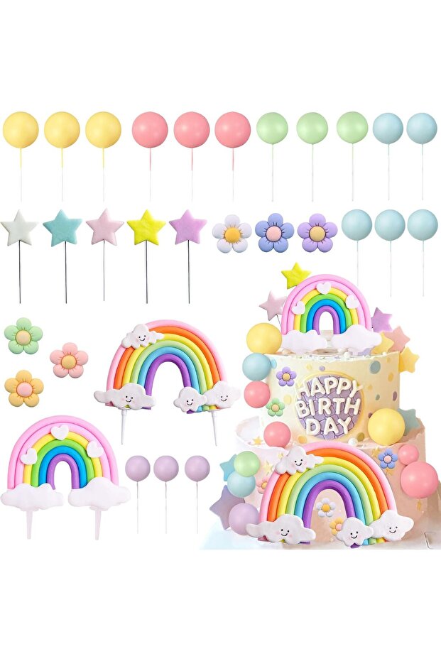 38pcs Rainbow Cake Topper Rainbow Theme Party Supplies Pastel Balls Cake Topper Boho Cake Toppers