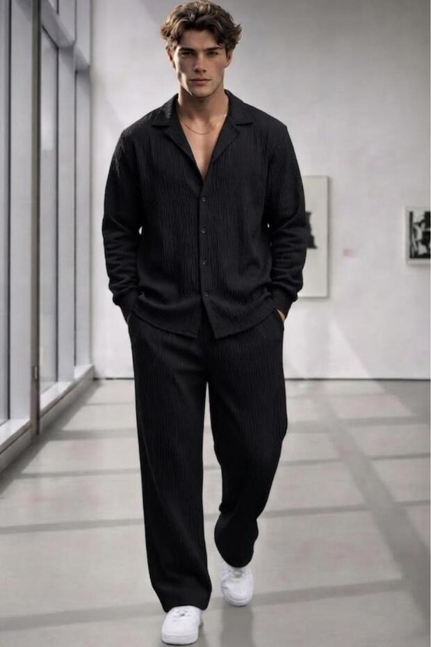 Men's Black Crepe Shirt Black Trousers Set