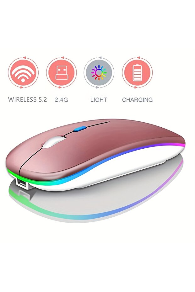 ماوس لاسلكي قابل لإعادة الشحن فائق النحافة من روز، مزود بإضاءة LED، وضع مزدوج (بلوتوث و2.4 جيجا هرتز)، متوافق مع