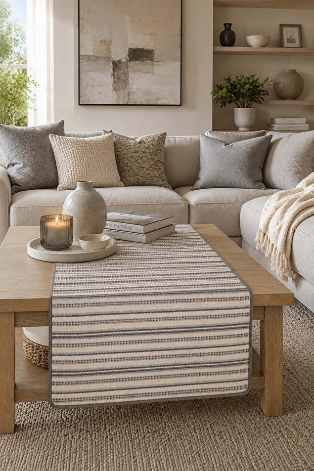 Jacquard Buldan Linen, Ribbed Runner, Console, Coffee Table Cover-Grey