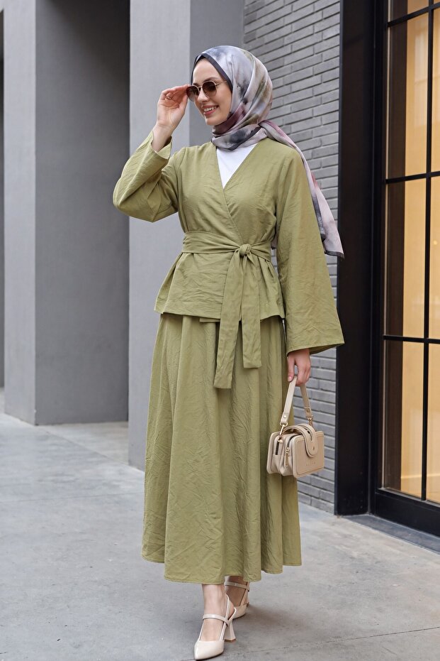 Single Button Belted Skirt Suit - Olive Green