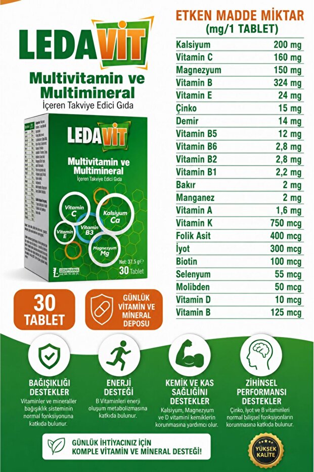 Ledavit Multivitamin and Mineral 30 Tablets - Calcium, Magnet, Zinc and Iron Container