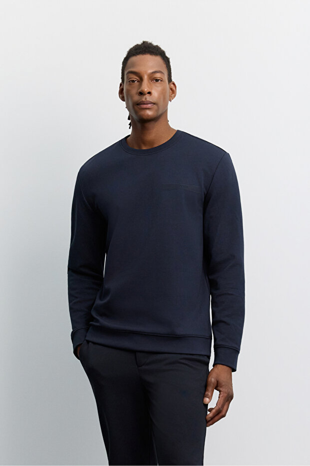 Men's Navy Blue Crew Neck Injection Printed Interlock Sweatshirt A62Y1214