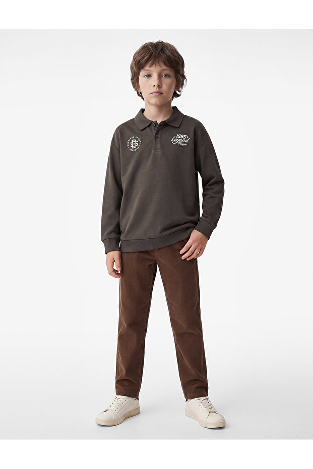 Printed Regular Fit Long Sleeve Polo Collar Sweatshirt