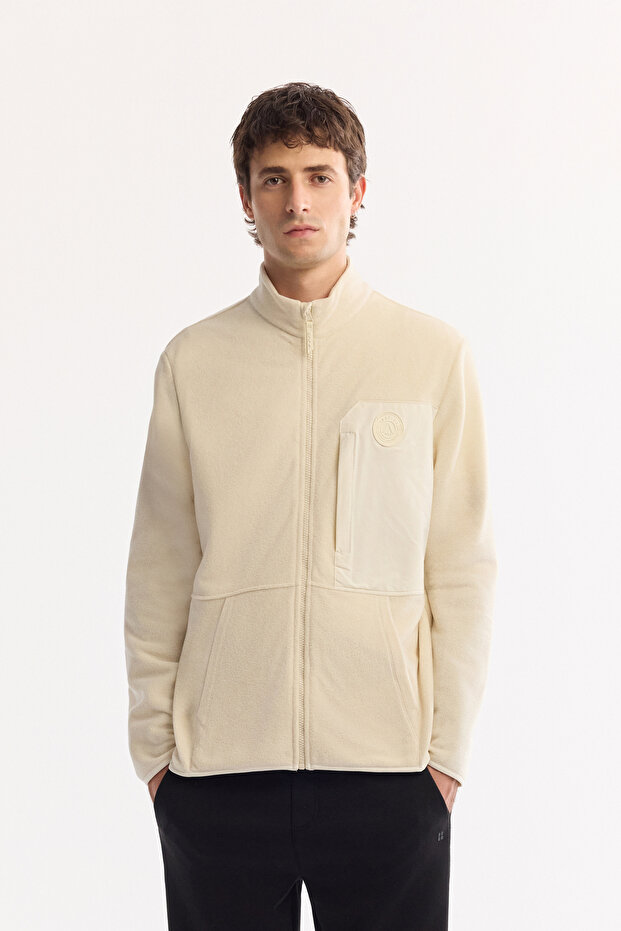Men's Ecru Stand Collar Zippered Soft Touch Fleece Regular Fit Sweatshirt A52Y1207