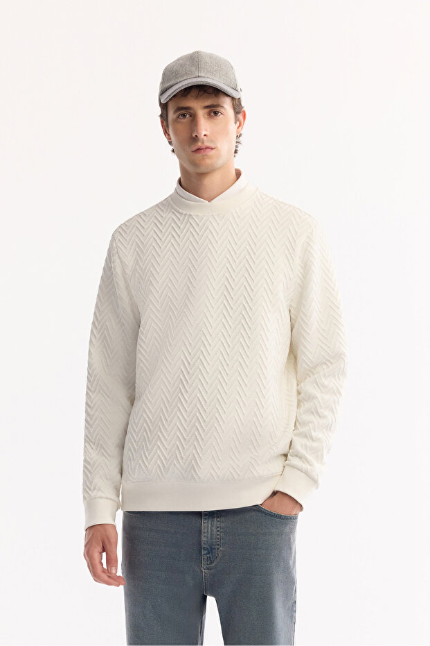 Men's Ecru Crew Neck Textured Elastane Regular Fit Sweatshirt A52Y1216