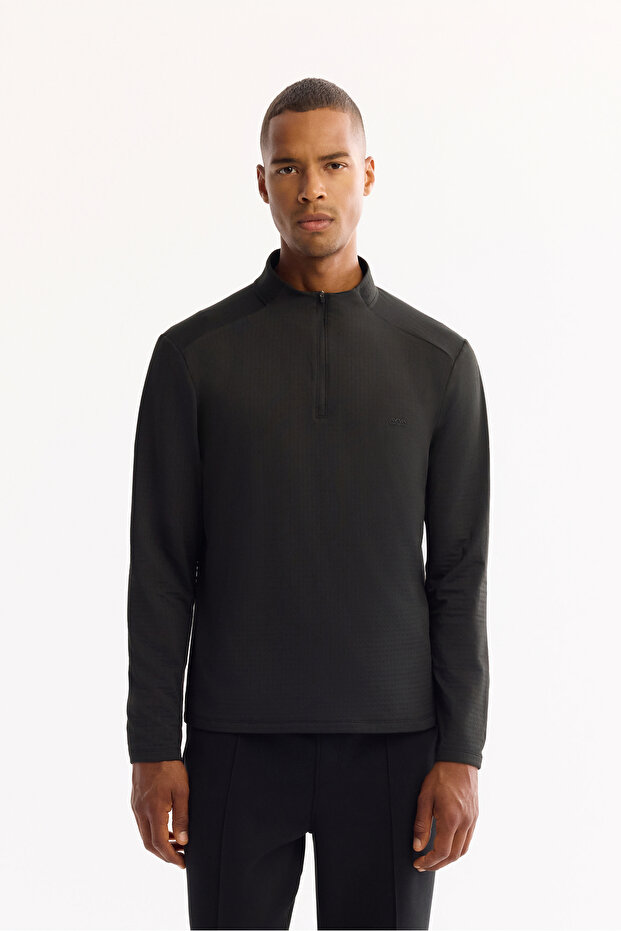 Men's Black Mock Neck Inside K Checked Ş Brushed Inside Technical Fabric Regular Fit Sweatshirt A52Y1219