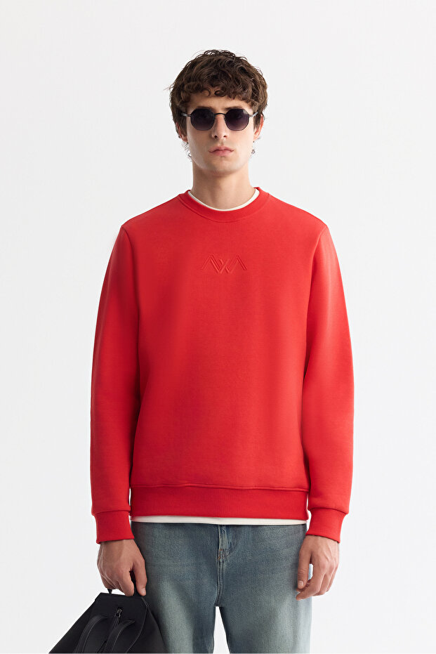 Men's Red Crew Neck Cotton Embossed Printed Regular Fit Sweatshirt B001033
