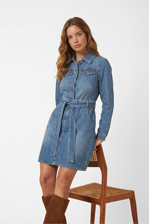 Women's Blue Belted Long Sleeve Jean Dress Shirt Collar