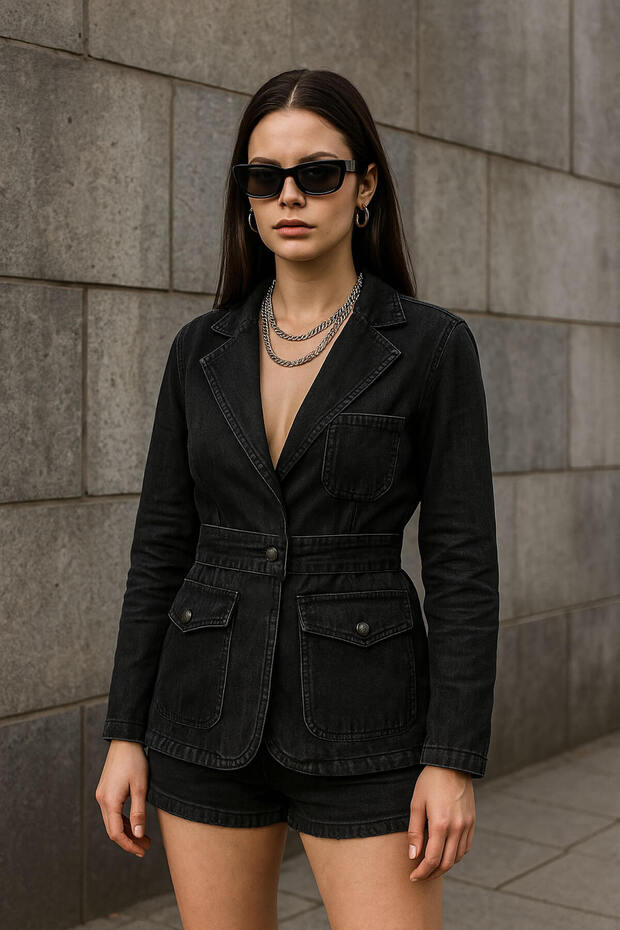 Women's Long Sleeve Single Button Jean Jacket Black