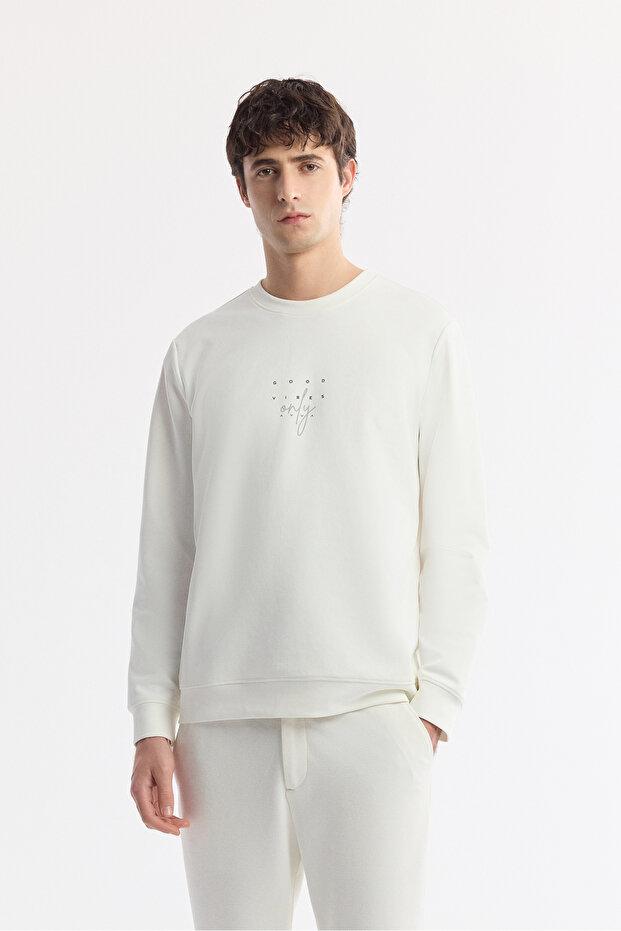 Men's White Crew Neck Printed Bi-Stretch Interlock Regular Fit Sweatshirt A51Y1235