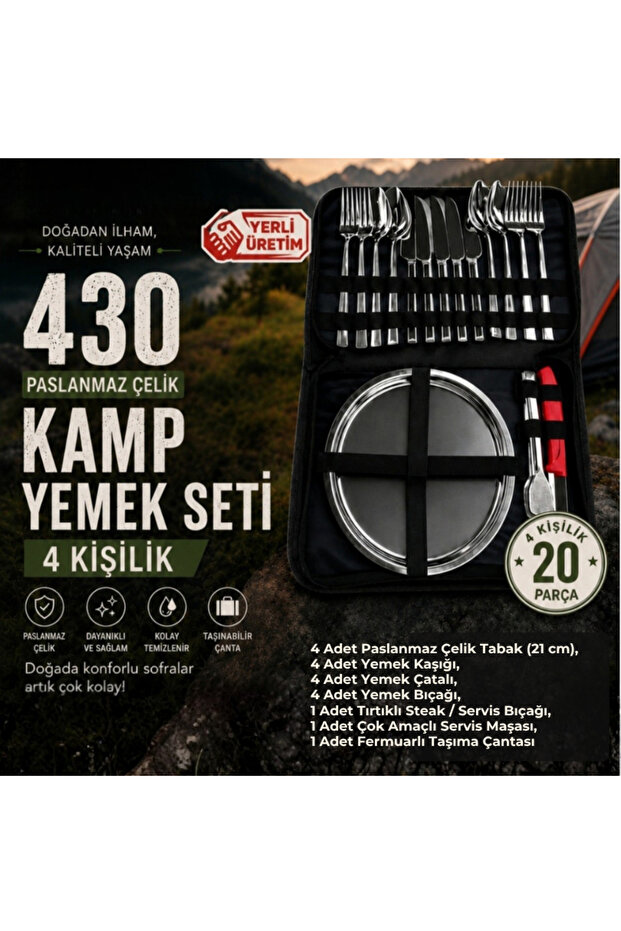 Stainless Steel Camping Dinnerware Set (Premium Set with Special Bag for 4 People)