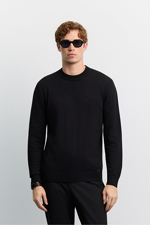 Men's Black Crew Neck Viscose Blend Basic Knitwear Regular Fit Sweater B005021