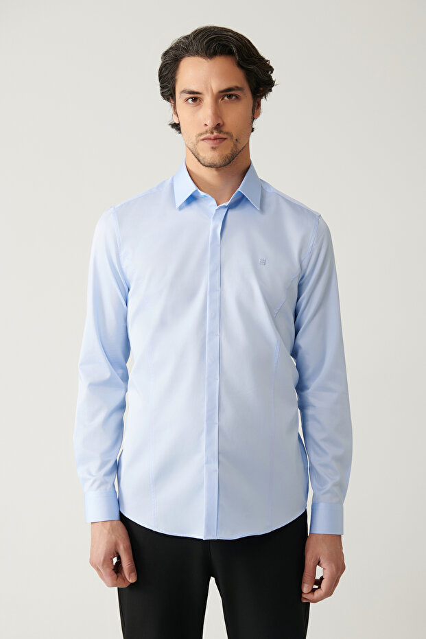 Men's Blue 100% Cotton Classic Collar Satin Slim Fit Shirt B002002