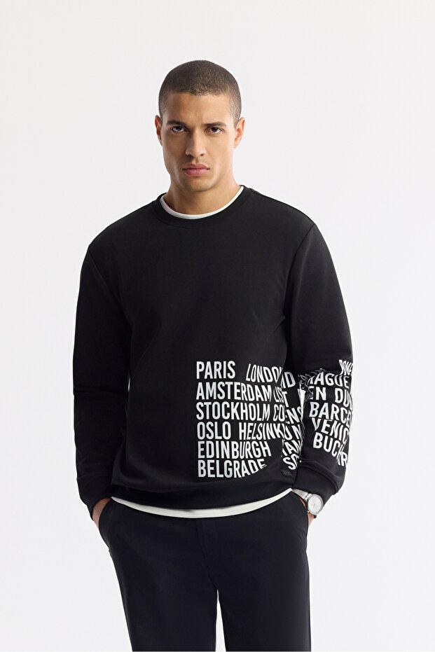 Men's Black Crew Neck Printed Bi-Stretch Interlock Regular Fit Sweatshirt A51Y1237