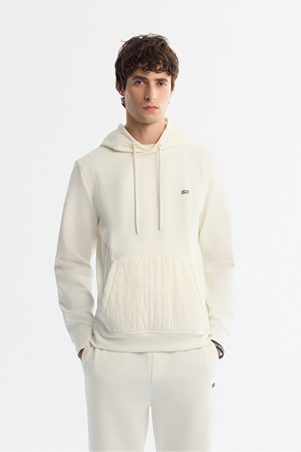 Men's Ecru Hooded Printed Elastane Regular Fit Sweatshirt A42Y1262